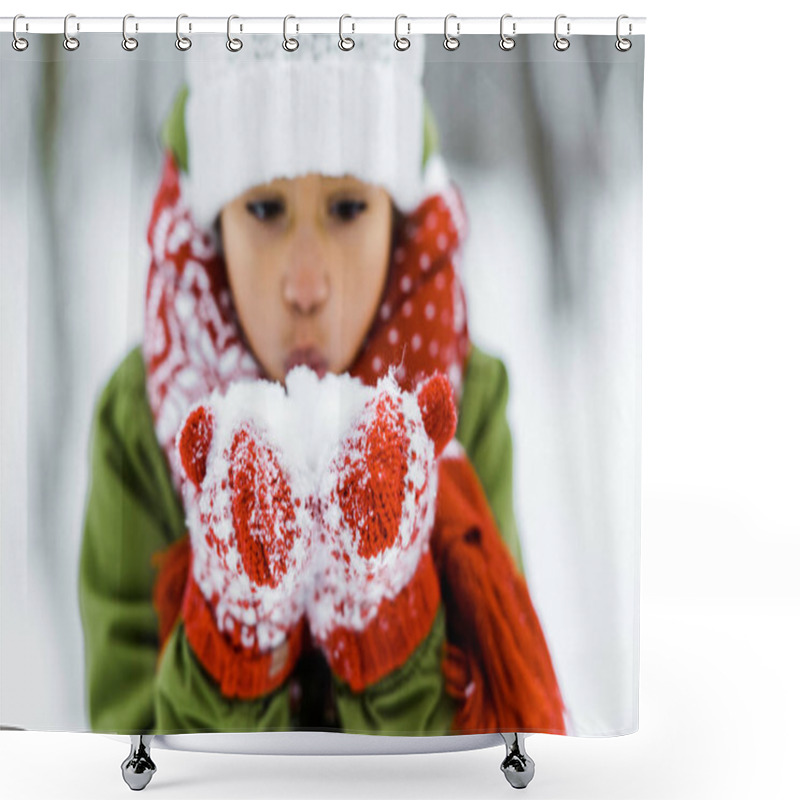 Personality  Cute African American Child Blowing White Snow In Winter Forest Shower Curtains