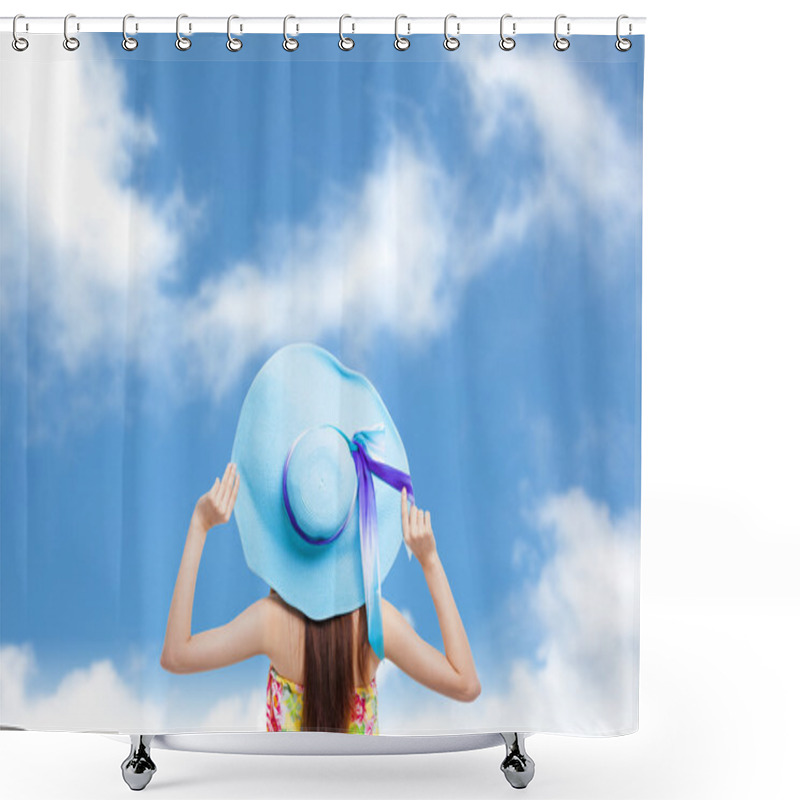 Personality  Back Of  Girl Holding A Hat With Blue Sky Background Shower Curtains