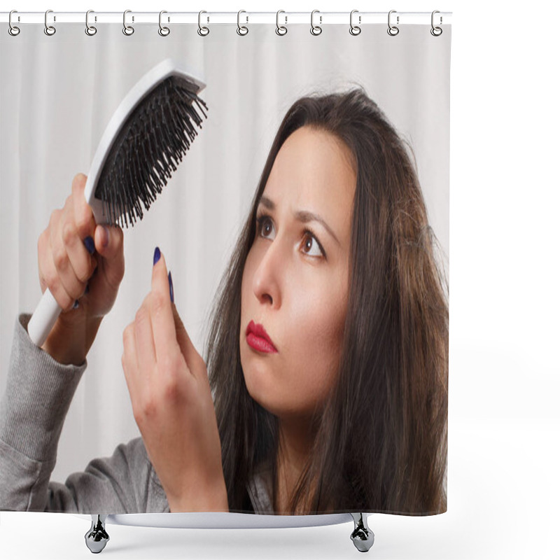 Personality  A Girl With Tousled Shaggy Hair Holds A Comb In Her Hands Shower Curtains