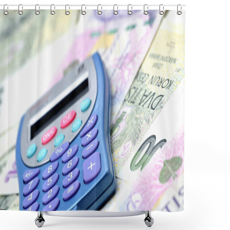 Personality  Close-up Of Blue Calculator On Czech Crowns CZK - Concept Of Financial Background Shower Curtains