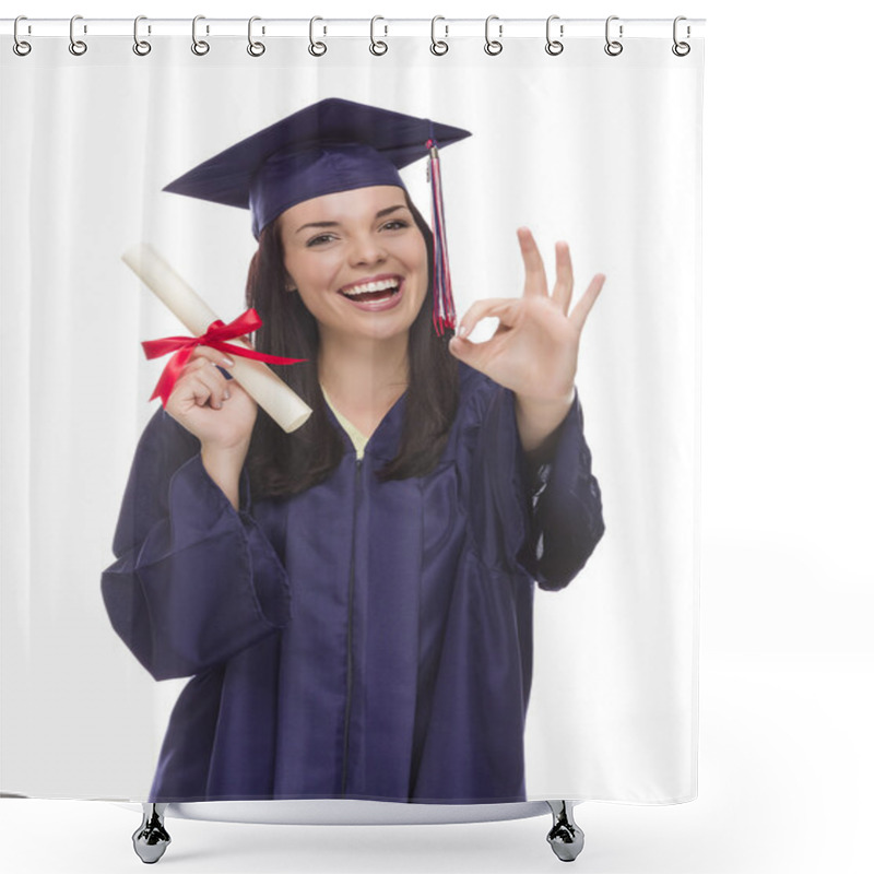 Personality  Mixed Race Graduate In Cap And Gown Holding Her Diplom Shower Curtains