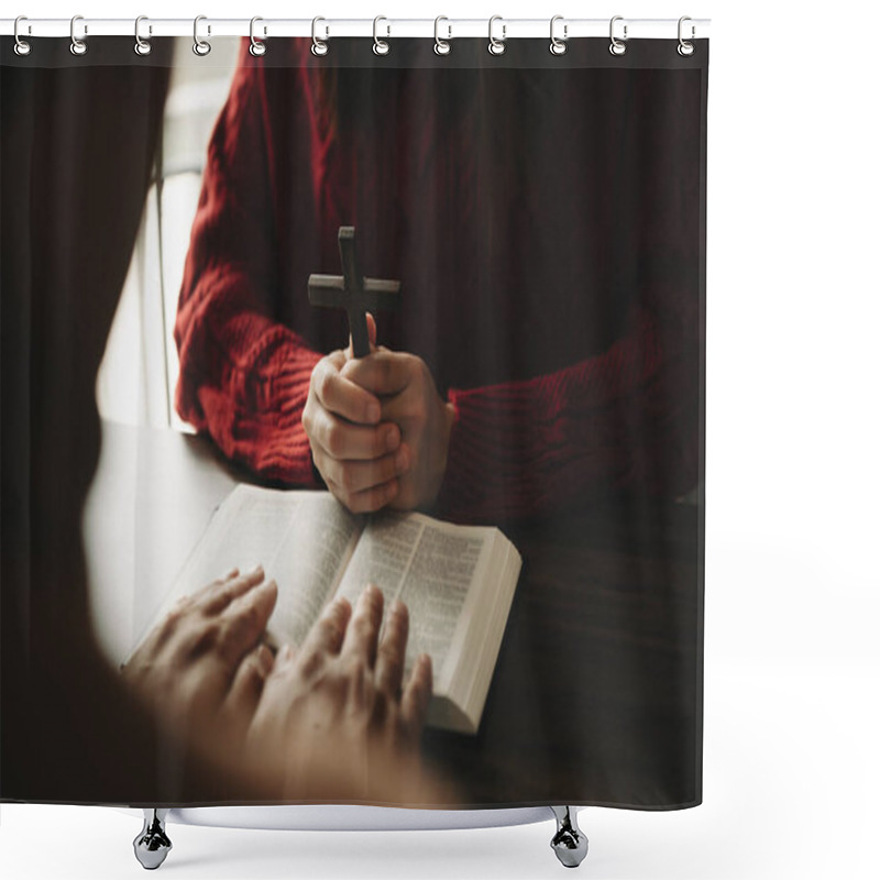 Personality  Two People Reading And Study Bible In Home And Pray Together. Studying The Word Of God With Friends Shower Curtains