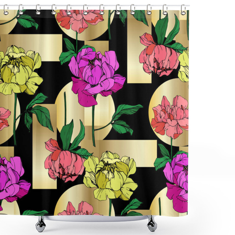 Personality  Vector Purple, Yellow And Living Coral Peonies Illustration With Golden Geometrical Ornament. Engraved Ink Art. Seamless Background Pattern. Fabric Wallpaper Print Texture. Shower Curtains