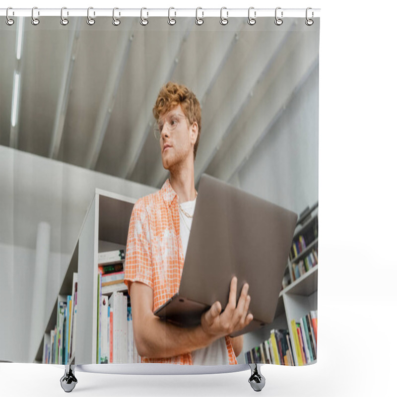 Personality  A Man Standing In Front Of A Laptop Computer. Shower Curtains