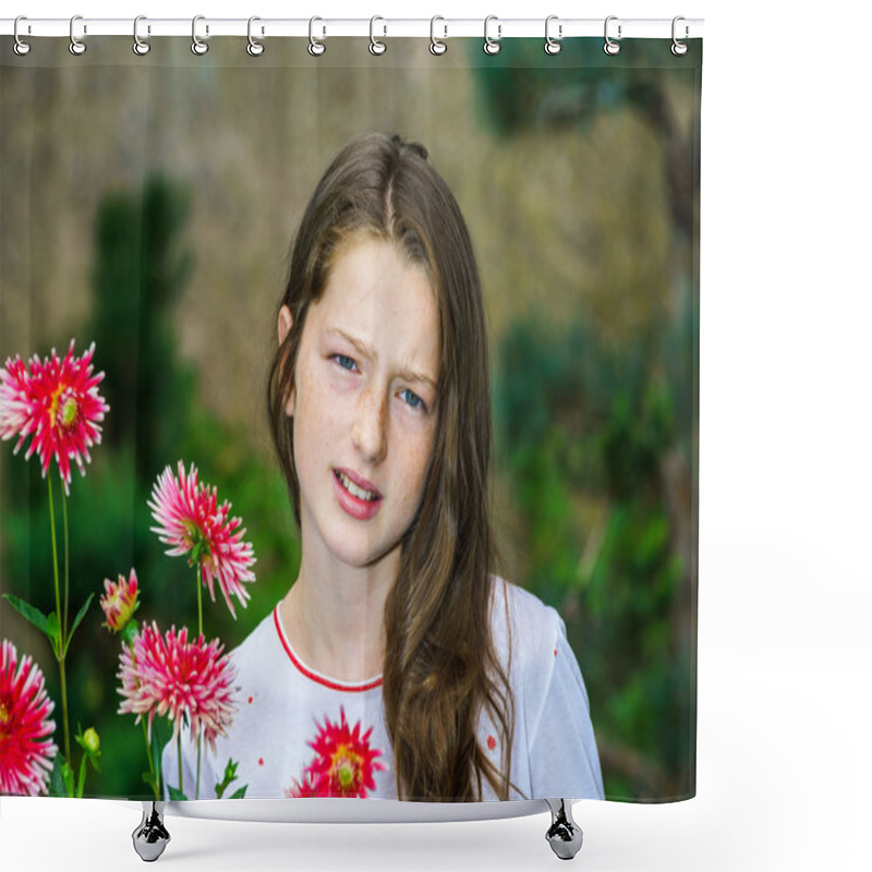 Personality  Teenage Schoolgirl Portrait With Natural Flowers Shower Curtains