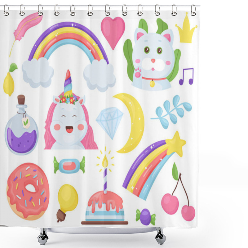 Personality  Vector Set Of Kawaii Children's Elements For Gift Cards. Cute Fantasy Decor. Rainbows, Unicorn, Cat, Donut. Isolated On White Background.trendy Kid's Design.magic Comic Adorable Collection. Shower Curtains