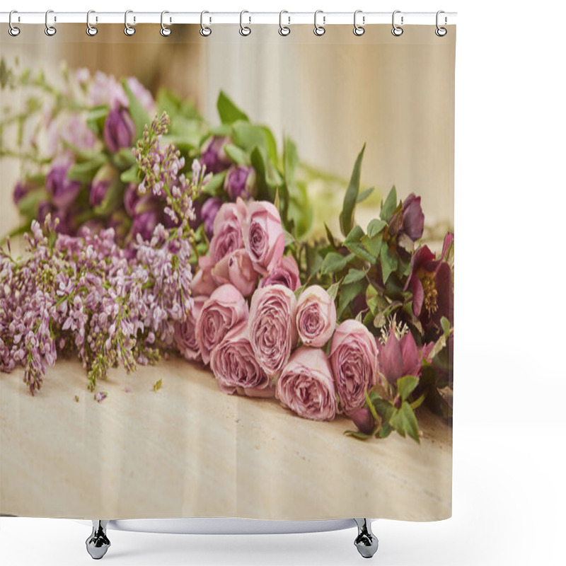 Personality   Purple Tulips, Peonies And Lilac On Table At Flower Shop Shower Curtains