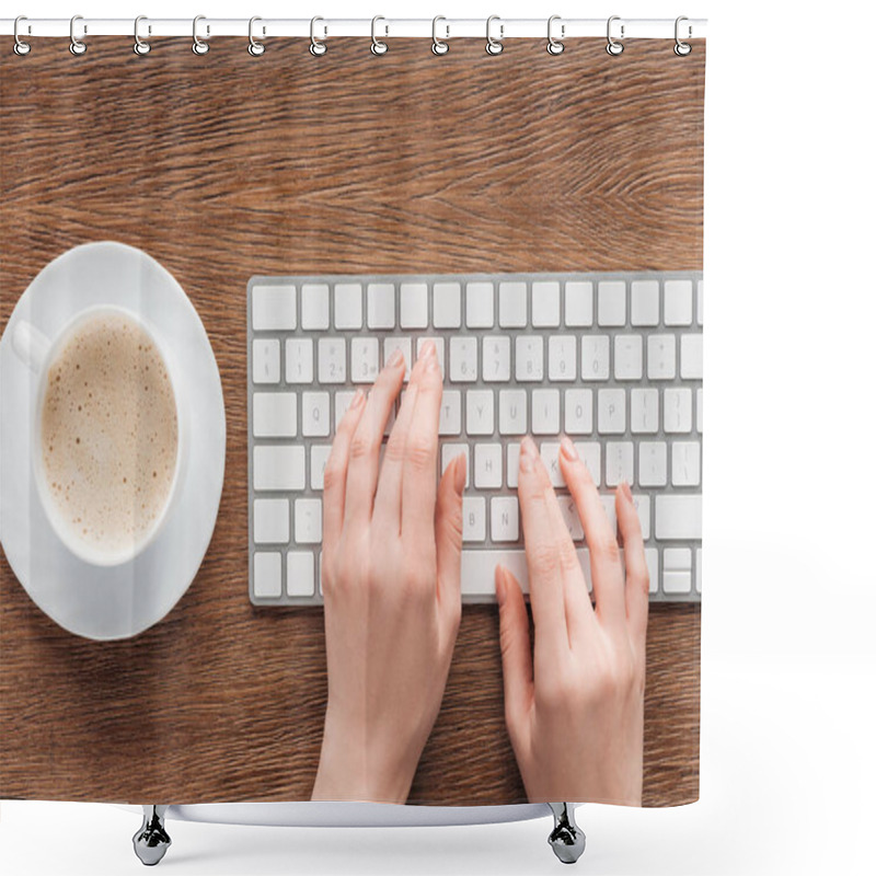 Personality  Cropped View Of Girl Typing On Keyboard On Wooden Background Shower Curtains