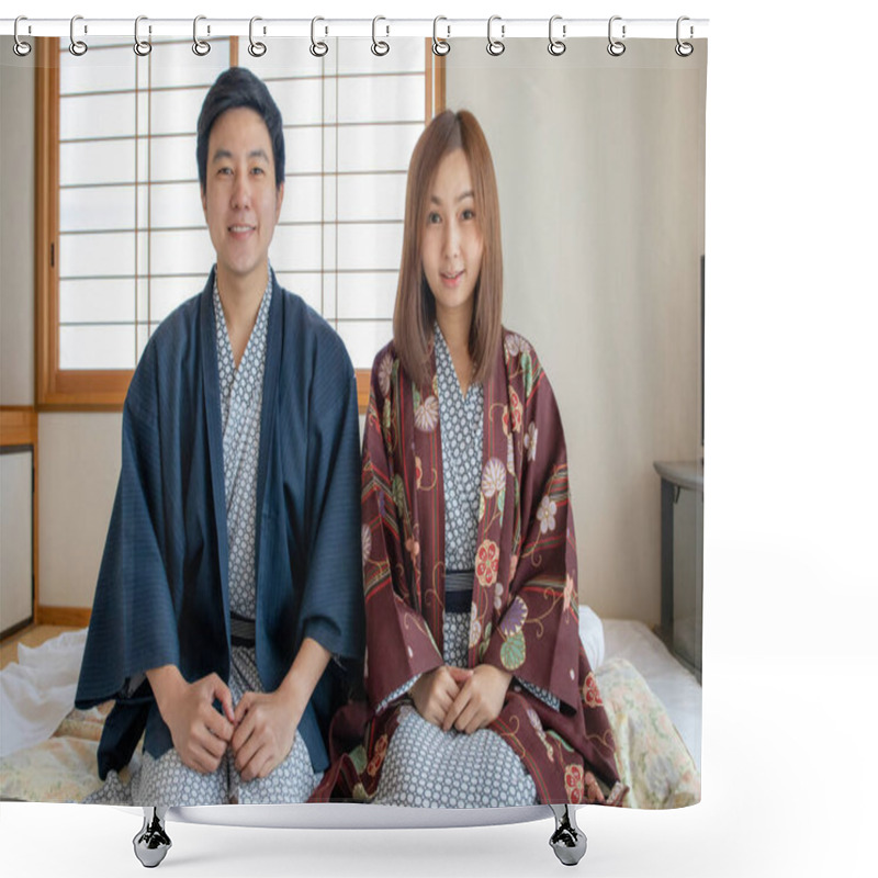 Personality  Couple In Love Wearing Tradditional Yakata Cloth In Japanese Tatami Room Style. Face Look Very Happy And Lovely Feeling. Shower Curtains