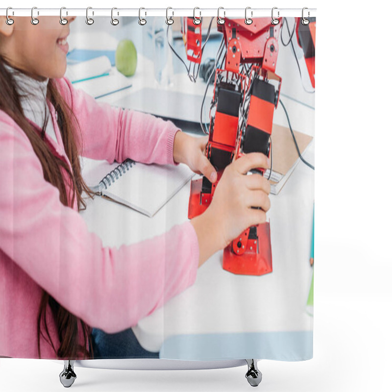 Personality  Partial View Of Schoolgirl Sitting At Table And Playing With Robot Model At STEM Lesson Shower Curtains