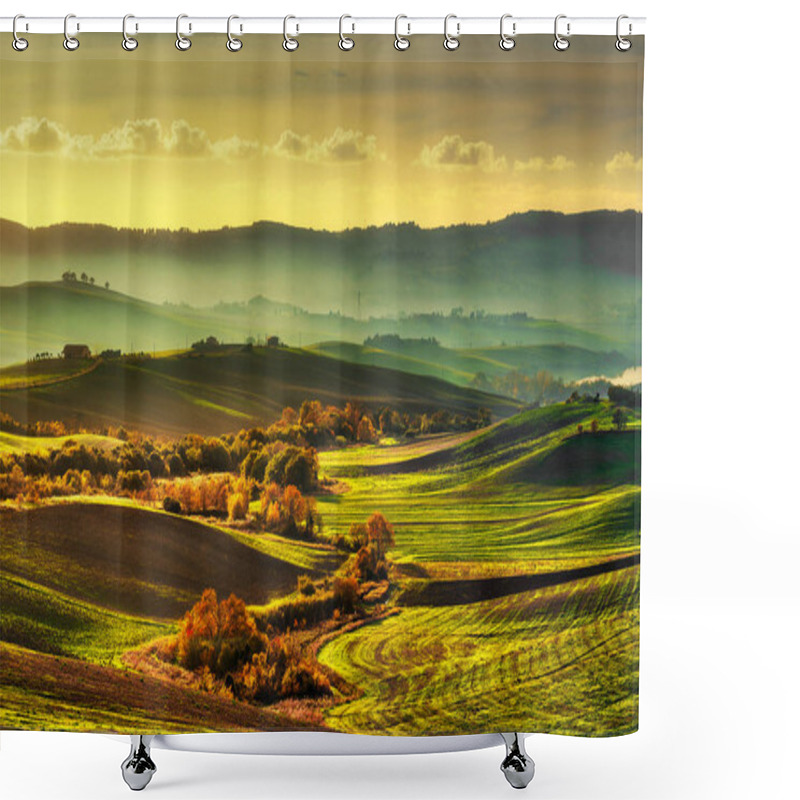 Personality  Tuscany Countryside Misty Panorama, Rolling Hills And Green Fiel Shower Curtains