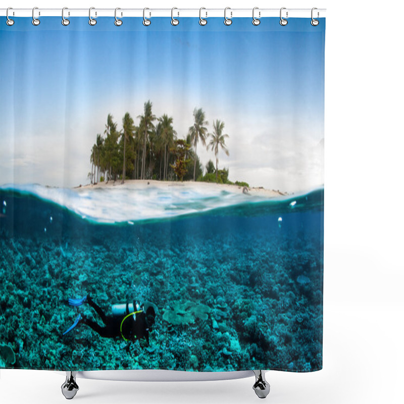 Personality  Scuba Diving Diver Below Coconut Island Kapoposang Sulawesi Indonesia Underwater Bali Lombok Shower Curtains