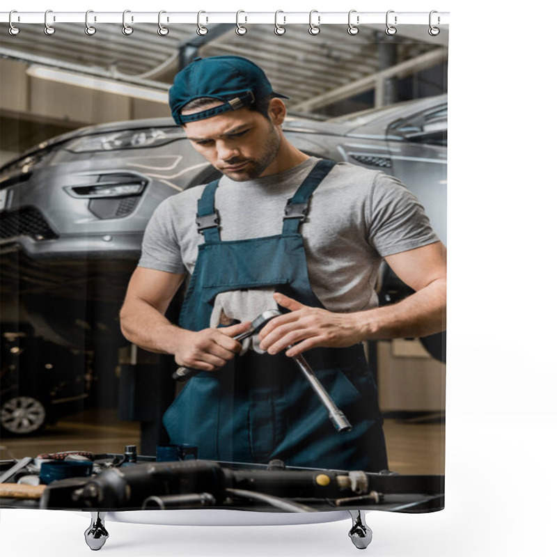 Personality  Portrait Of Auto Mechanic In Uniform With Lug Wrench At Auto Repair Shop Shower Curtains