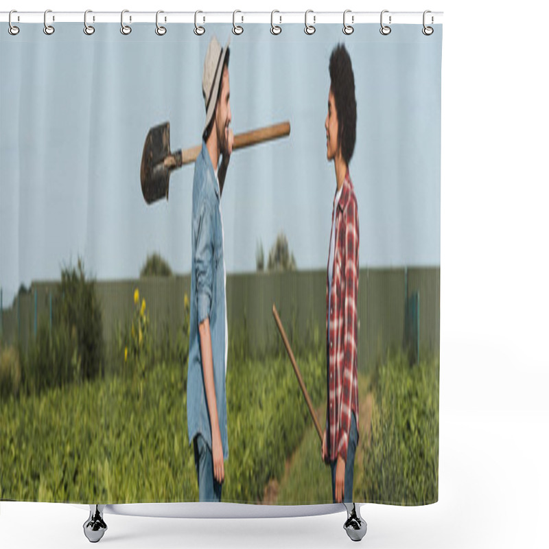 Personality  Cheerful Multiethnic Farmers With Gardening Tools Looking At Each Other In Field, Banner Shower Curtains