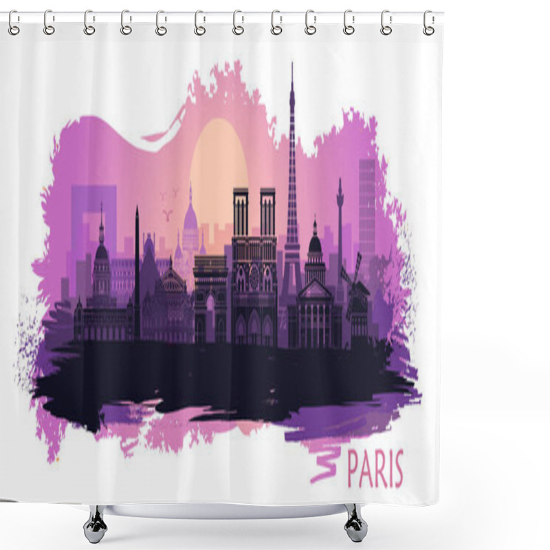 Personality  Stylized Landscape Of Paris With Eiffel Tower, Arc De Triomphe And Notre Dame Cathedral With Spots And Splashes Of Paint Shower Curtains