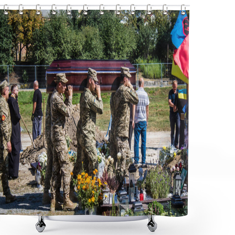 Personality  Lviv, Ukraine, August 29, 2024 Military Ceremony At The Field Of Mars, Military Cemetery Of Lviv, For The Funeral Of Two Ukrainian Soldiers Who Died In A Battle Against The Russian Army. Shower Curtains