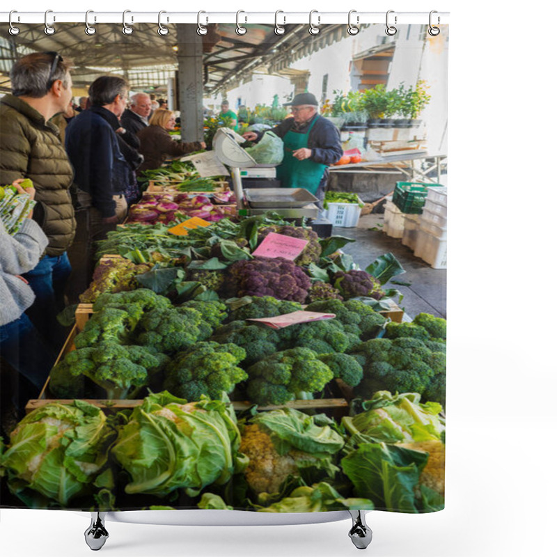 Personality  Vegetable Seller Weighs Order While People Wait In Line To Order In Porta Palazzo Public Market Shower Curtains