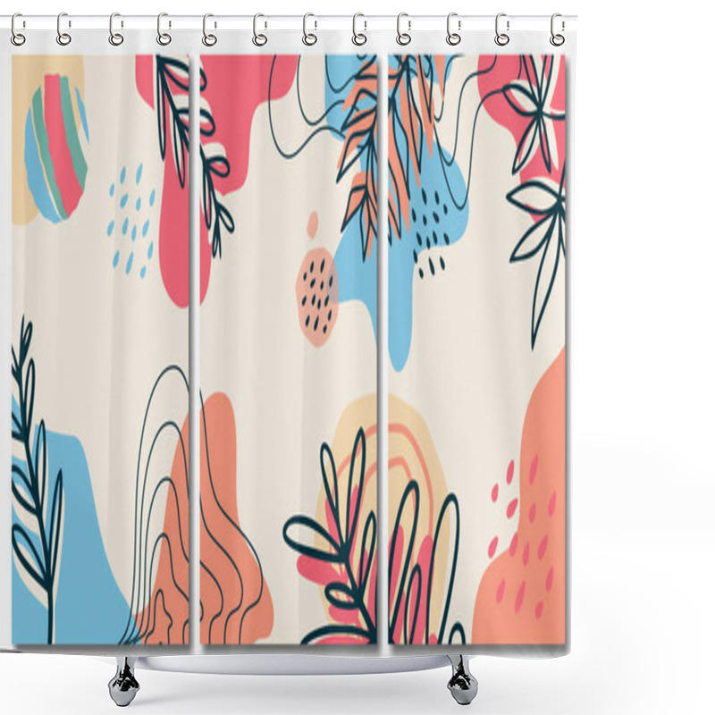 Personality  Organic Abstract Minimalist Pastel Background With Leaves Collection, Memphis Style Background Shower Curtains