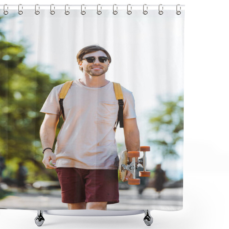 Personality  Portrait Of Young Man In Sunglasses With Backpack And Longboard Walking On Street Shower Curtains