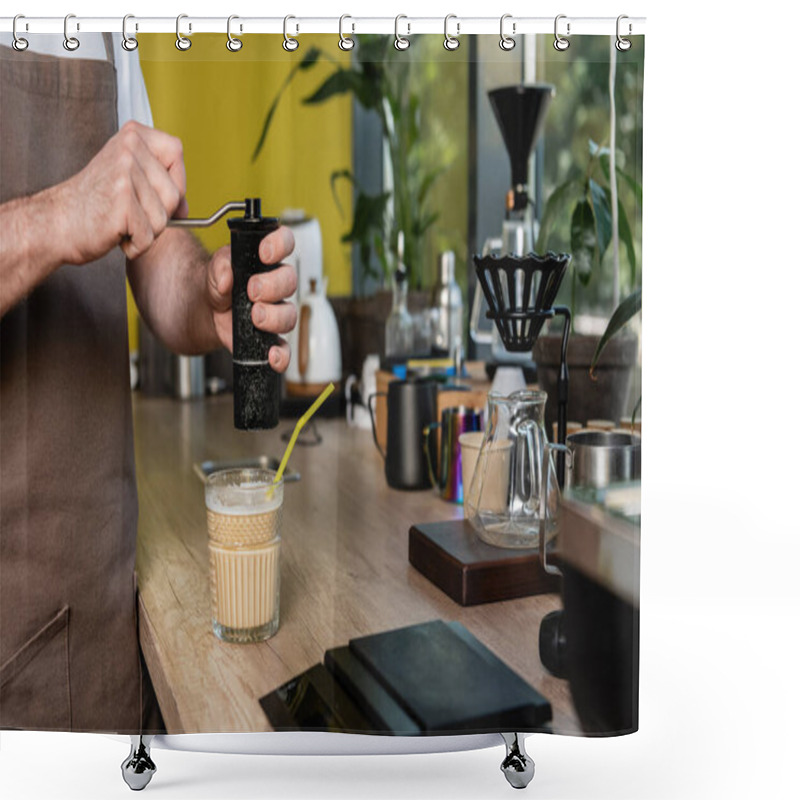 Personality  Cropped View Of Barista In Apron Grinding Coffee Near Cold Coffee Drink In Glass In Cafe Shower Curtains