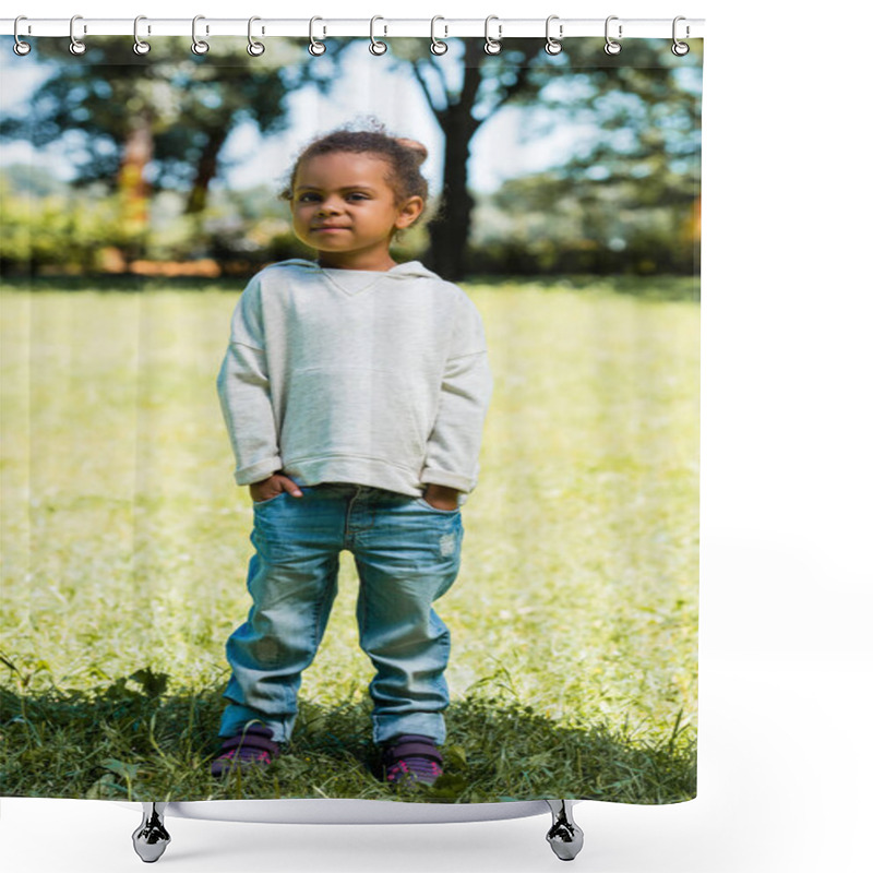 Personality  Adorable African American Child In Jeans And Sweater Standing In Park And Looking At Camera Shower Curtains