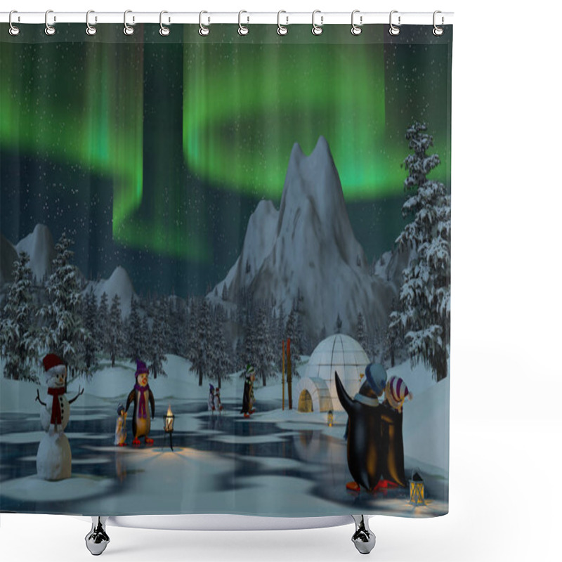 Personality  Penguins Under Northern Lights In A Winter Landscape, 3d Render Shower Curtains