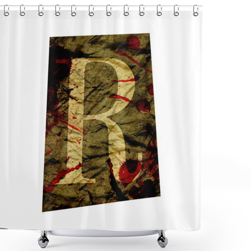 Personality  Cut Out Ransom Alphabet Letter. Blackmail Ransom Kidnapper Anonymous Note Font. English Letter Crumpled Grungy Vintage Old Paper Texture With Blood Splashes Isolated On A White. Collage Style Design Shower Curtains