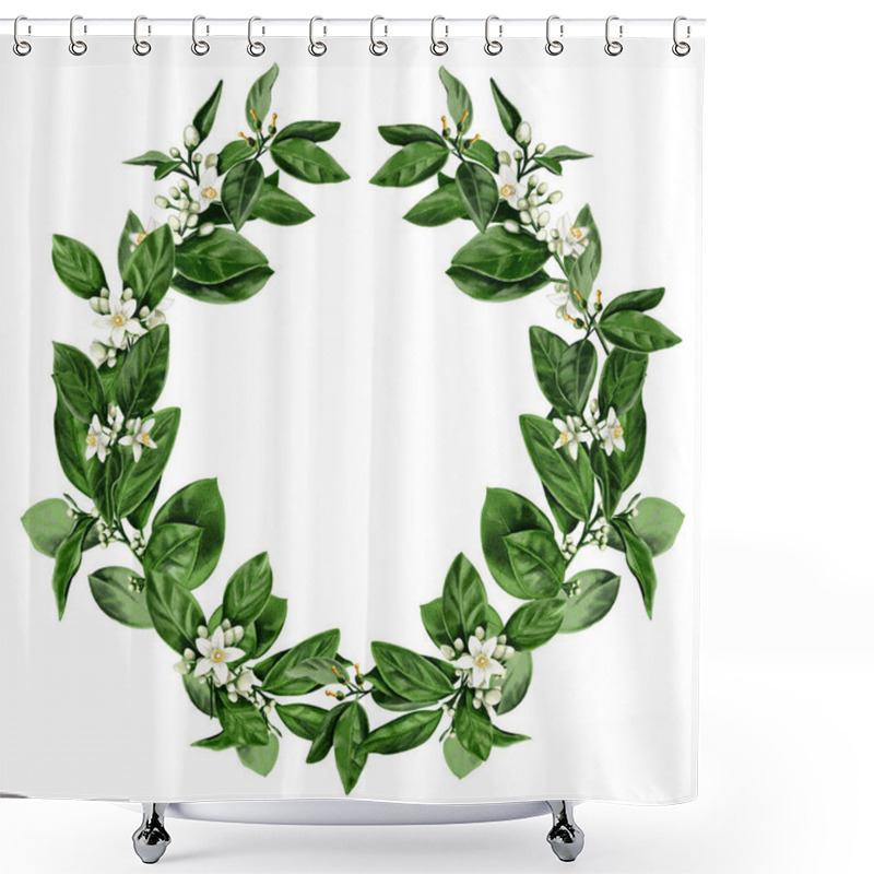 Personality  Wreath Of Citrus Flowers. Small White Flowers And Green Branches With Leaves. White Buds And Orange And Lemon Flowers. Watercolor Illustration. No Background.  Shower Curtains