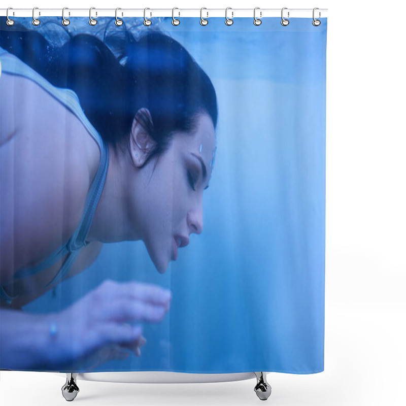 Personality  A Young Woman With Dark Hair, Dressed In A White Top, Swims Gracefully Underwater In An Aquarium. Shower Curtains