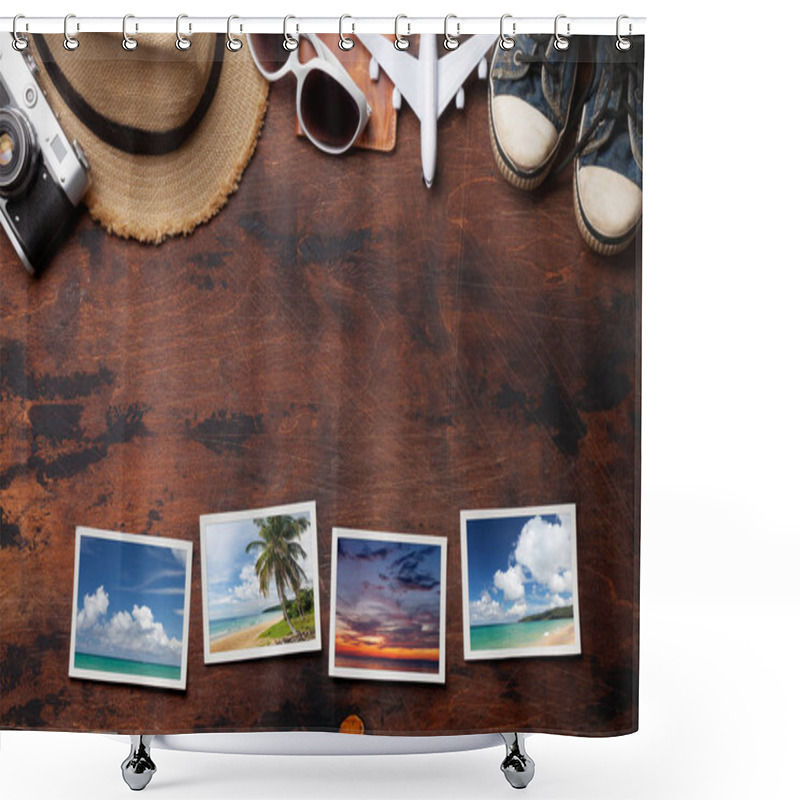 Personality  Travel Vacation Background Concept With Sun Hat, Camera, Passport, Airplane Toy And Weekend Photos On Wooden Backdrop. Top View With Copy Space. Flat Lay. All Photos Taken By Me Shower Curtains