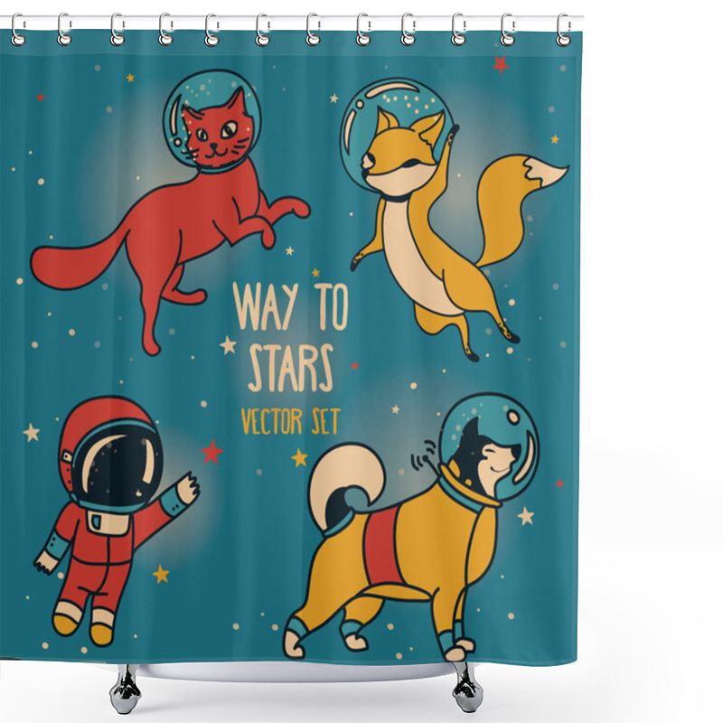 Personality  Cute Doodle Astronaut And Animal-astronauts And Retro Style Rocket Floating In Space Shower Curtains