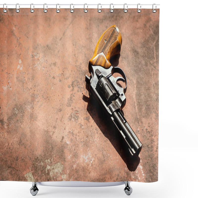 Personality  Handgun On The Concrete Red Backgroound Shower Curtains