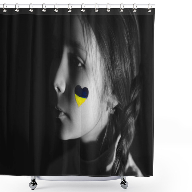 Personality  Monochrome Photo Of Frustrated Girl With Painted Ukrainian Flag On Cheek Isolated On Black  Shower Curtains