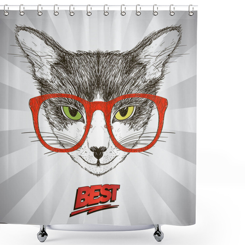 Personality  Graphic Poster With Hipster Cat Dressed In Red Glasses, Against Pop-art Background With Rays Shower Curtains