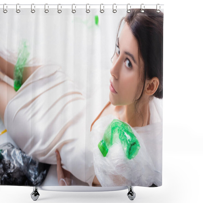 Personality  High Angle View Of Woman Sitting Near Empty Bottles, Plastic Bags And Spoons On White, Ecology Concept   Shower Curtains