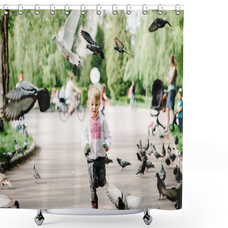 Personality  Happy Little Boy In Embroidered Shirt Having Fun In Summer Park Shower Curtains