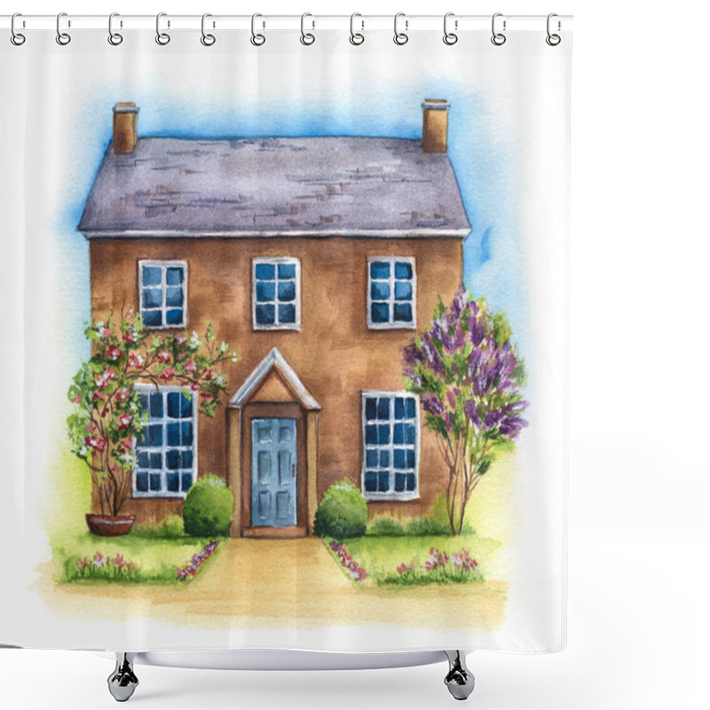 Personality  Traditional Two-storied English House On A Green Lawn With Lilac On White Background. Watercolor Hand Drawn Illustration Of British Cottage With Garden And Sky Shower Curtains