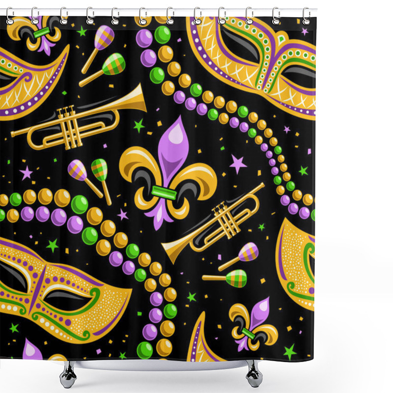 Personality  Vector Mardi Gras Seamless Pattern, Square Repeating Background Of Cartoon Mardi Gras Beads, Yellow Venice Mask, Musical Instruments, Cut Out Illustrations Of Mardi Gras Symbol For Dark Wrapping Paper Shower Curtains