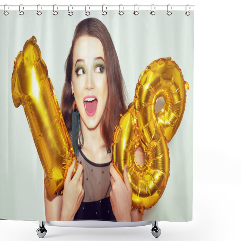 Personality  A Birthday Girl On Her 18th Birthday With Gold Number Baloons. Excited Eighteen Girl With Green Make Up And Black Dress Smile. Model Celebrating And Having Fun. Pretty Cute Girl On Happy Birthday. Shower Curtains