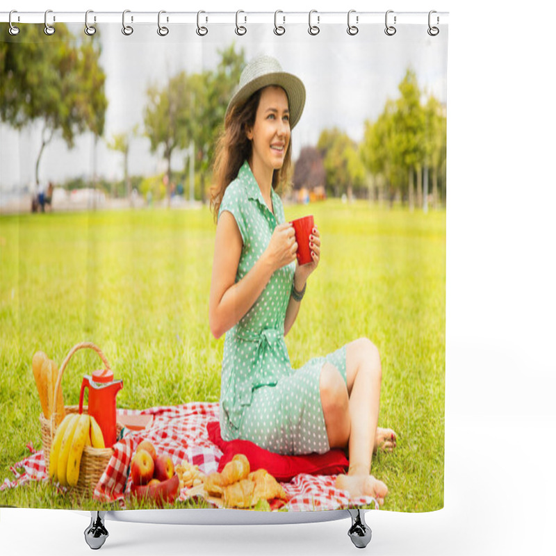 Personality  Beautiful Young Woman Having Picnic On Sunny Spring Day In Par Shower Curtains