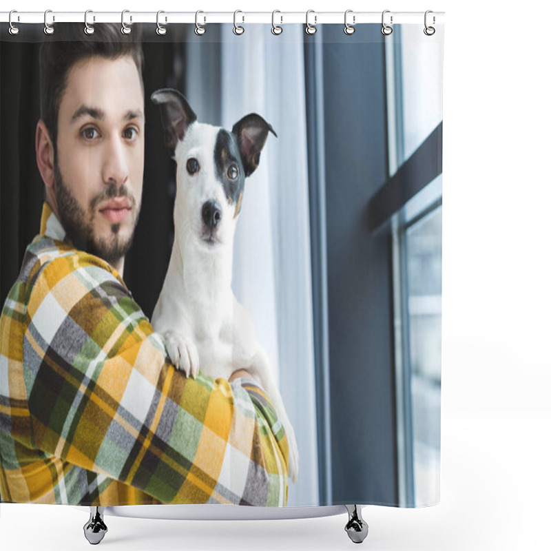 Personality  Bearded Man Holding Jack Russell Terrier Dog And Standing At Window Shower Curtains