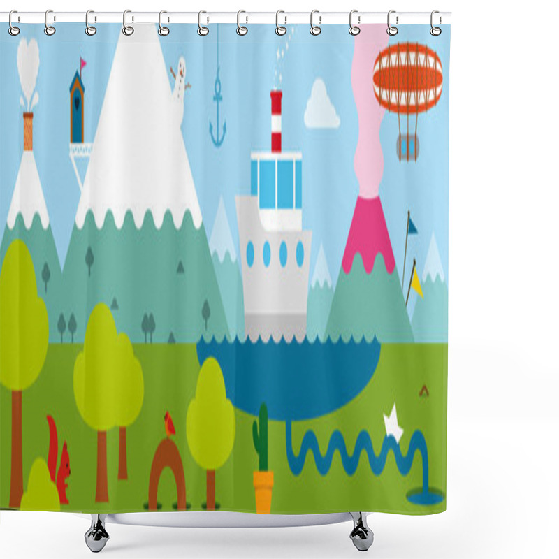 Personality  Landscape With Boats And A Zeppilin Shower Curtains