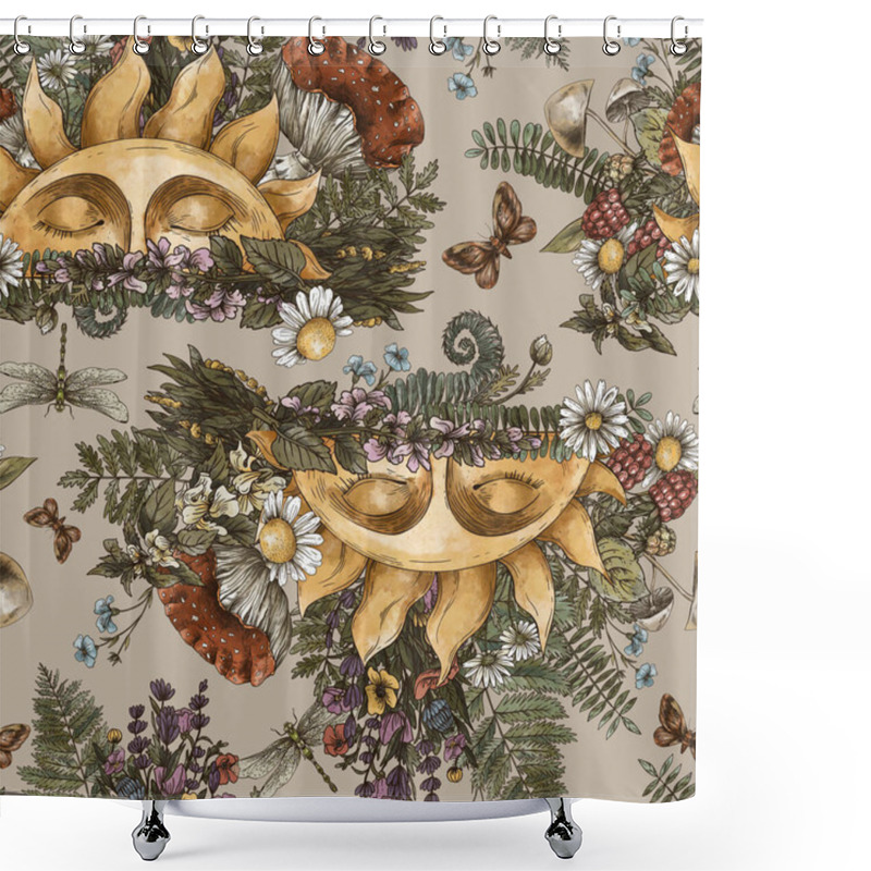 Personality  Vintage Sun Seamless Pattern With Woodland Treasures, Amanita Mushroom, Fern, Forest Plants Wallpaper. Botanical Texture On Beige Background. Shower Curtains