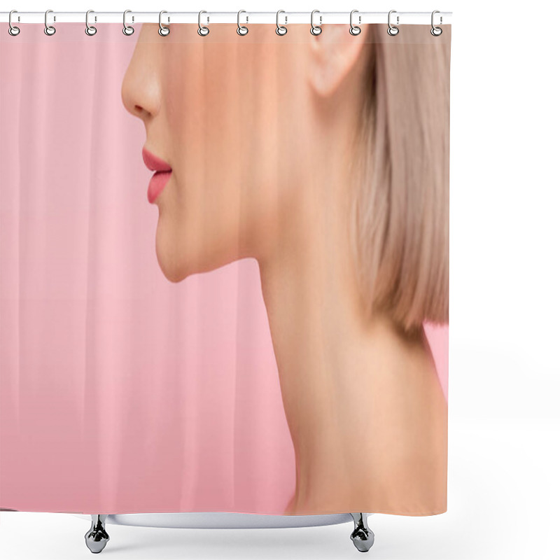 Personality  Cropped View Of Woman With Perfect Face And Pink Makeup, Isolated On Pink Shower Curtains