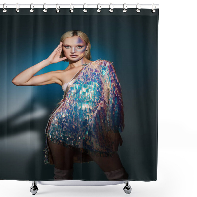 Personality  A Fashion Forward Woman Displays Striking Holographic Attire. Shower Curtains