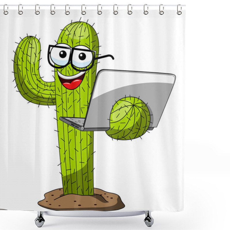 Personality  Cactus Character Mascot Cartoon Nerd Laptop Vector Isolated On White Shower Curtains