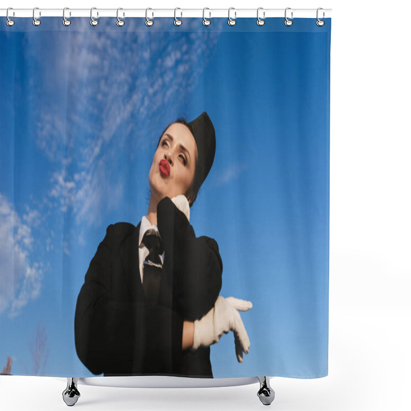 Personality  Young Beautiful Woman Stewardess In Uniform Stands Under Blue Sky And Thinks On Airplanes Shower Curtains