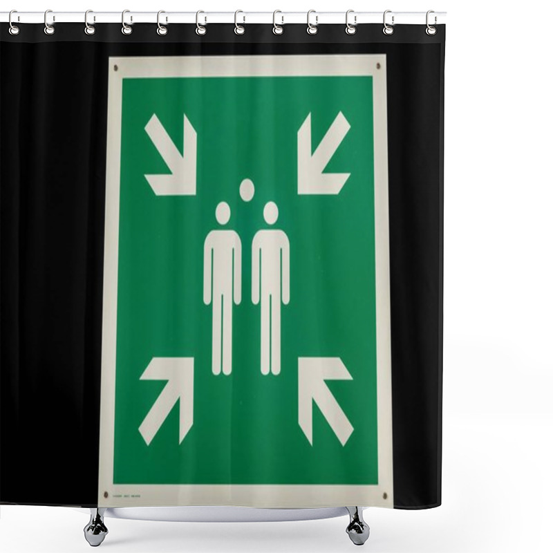 Personality  KRAUSNICK, GERMANY - Nov 01, 2020: A Green Rectangular Sign For A Collection Point In Case Of An Emergency In Case Of Fire Or Disaster, Placed In The Height With White Pictograms Shower Curtains