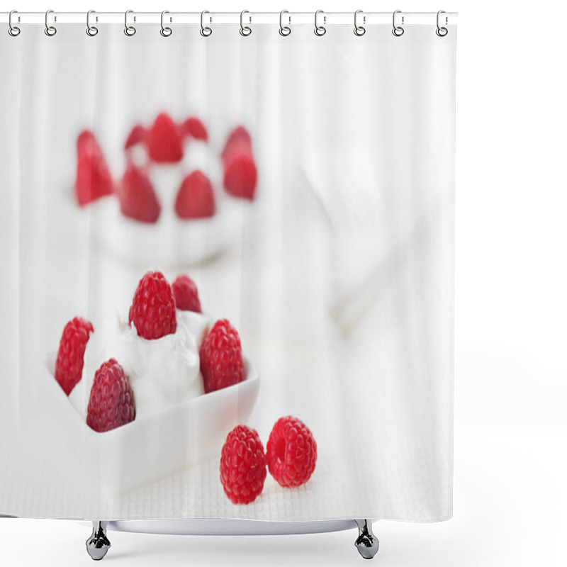 Personality  Still Life With Raspberry Sour Cream Dessert On White Linen Tabl Shower Curtains