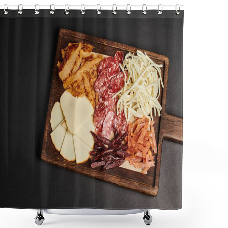 Personality  Top View Of Charcuterie Board With Gourmet Cheese Selection, Dried Beef And Salami Slices On Black Shower Curtains